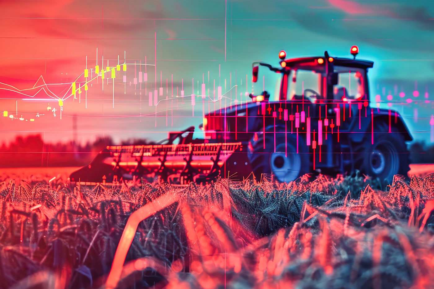 tractor in field with stock charts overlay